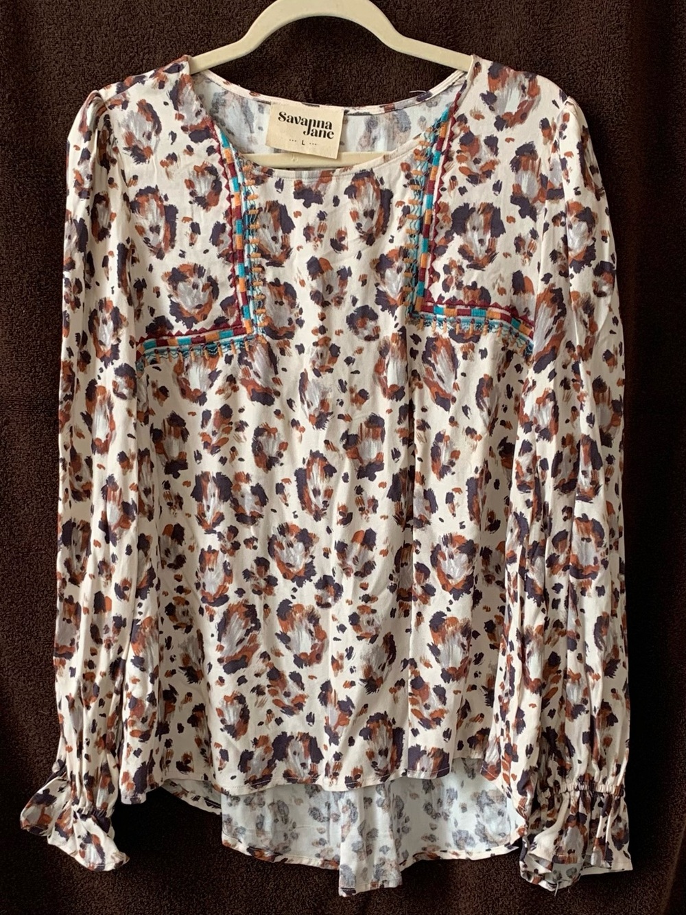 SAVANNA JANE Animal Print Boho Style Embroidered Blouse - Size Large